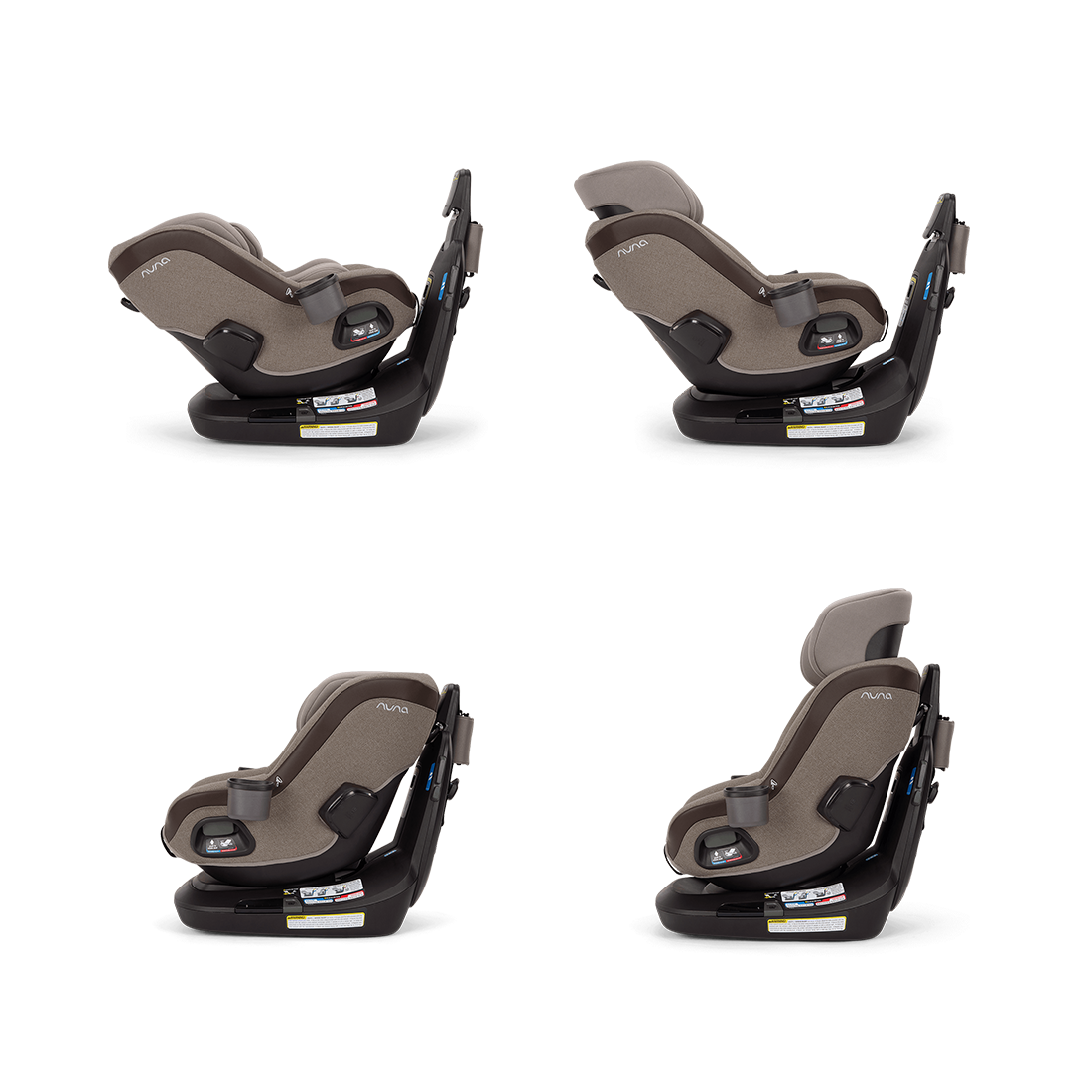 Four-up grid of the Nuna REVV maxx rotating convertible car seat in Cedar shown in different recline and mode positions