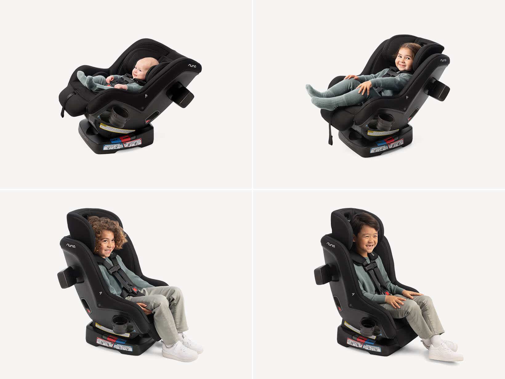 Nuna RAVA next birth to big kid convertible car seat shown in four stages from rear-facing newborn to forward-facing big kid