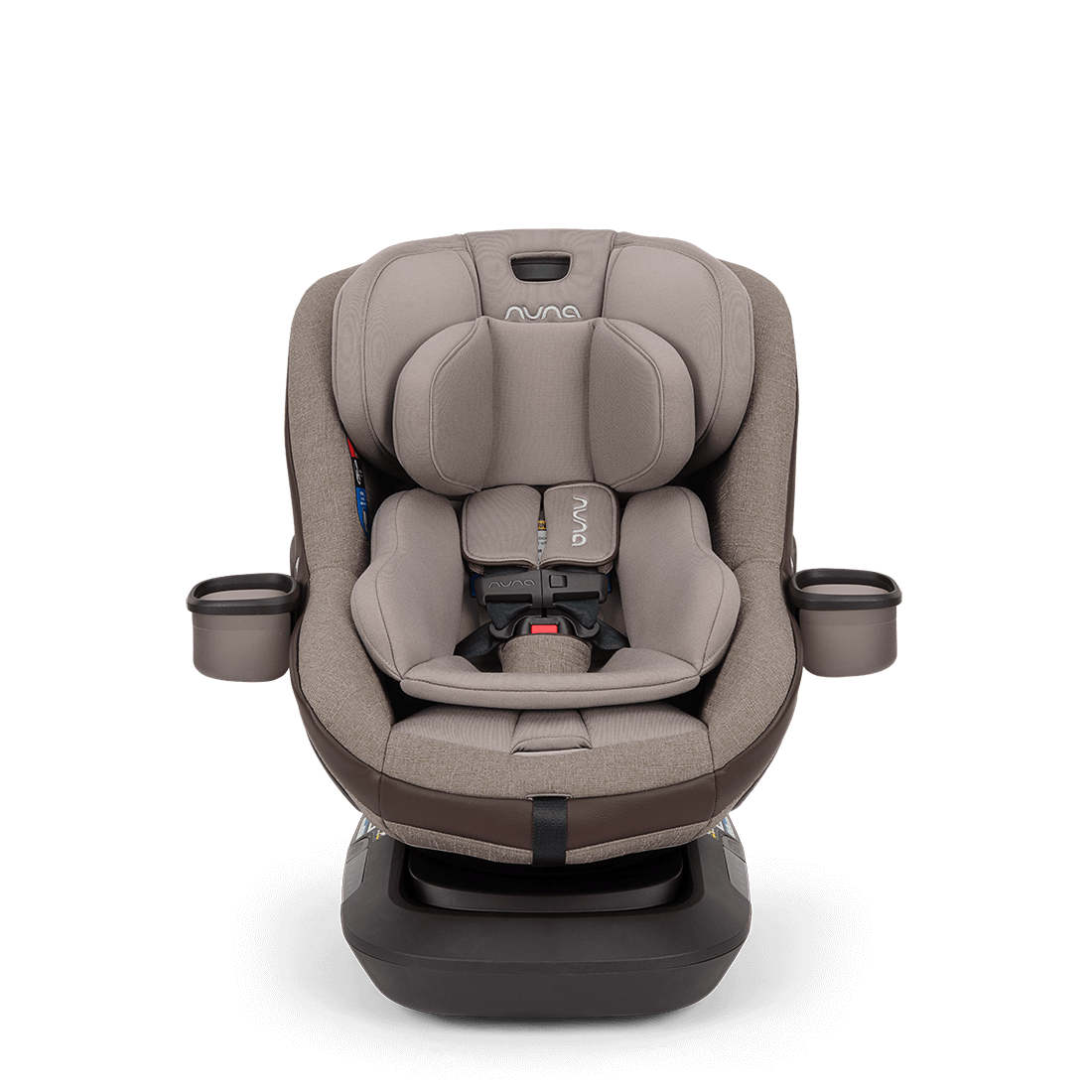Nuna REVV maxx convertible car seat in Cedar shown front-on in rear-facing setup with the newborn infant insert in place and two cup holders
