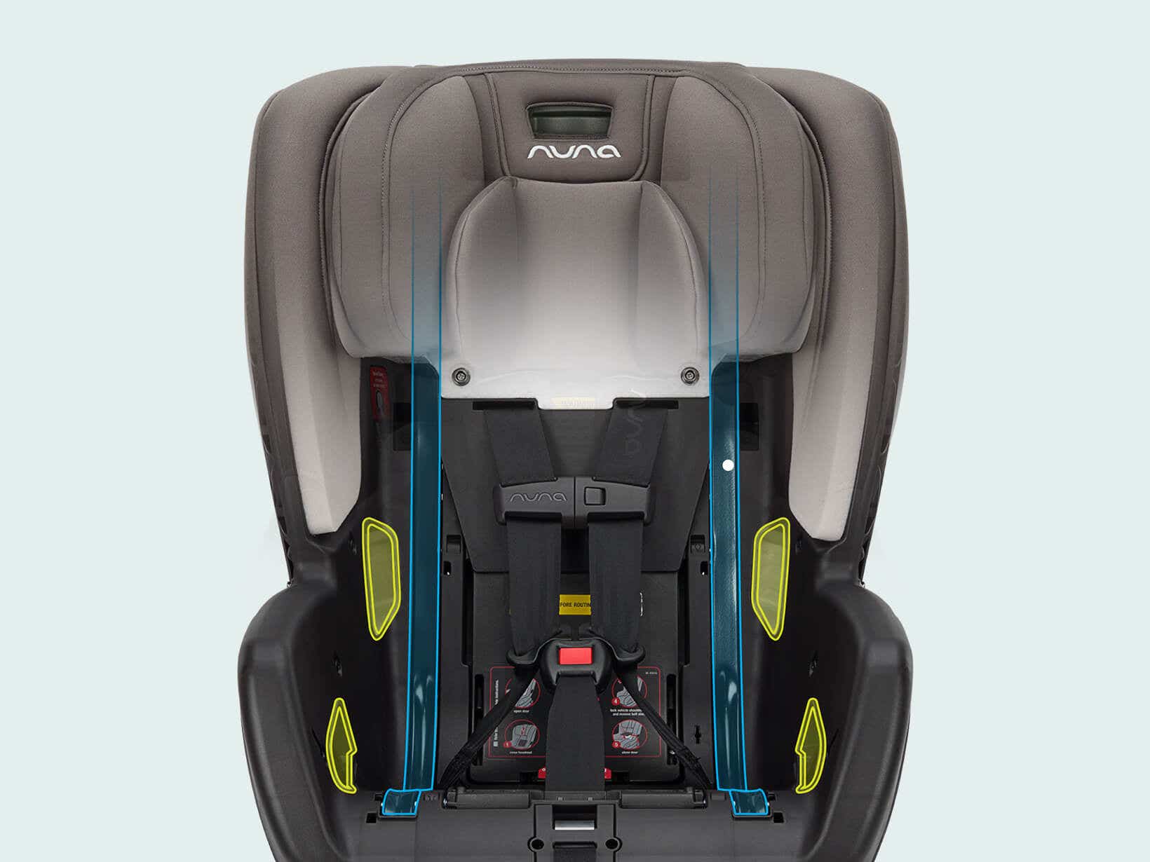 Top-down cutaway of the Nuna RAVA next showing the steel-reinforced belt path and yellow Side Impact Protection pods