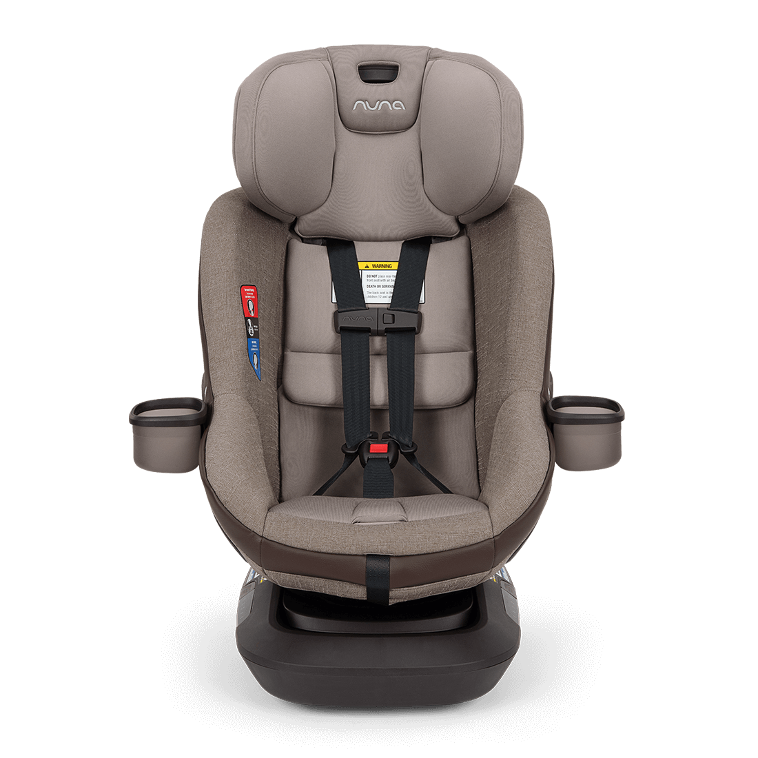 Nuna REVV maxx convertible car seat in Cedar in forward-facing setup with the headrest raised, 5-point harness and two cup holders