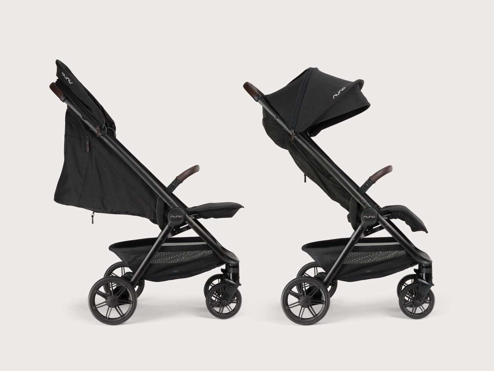Two side profiles of the Nuna Trvl Urbn showing the lie-flat recline and the extra-long 52 cm backrest