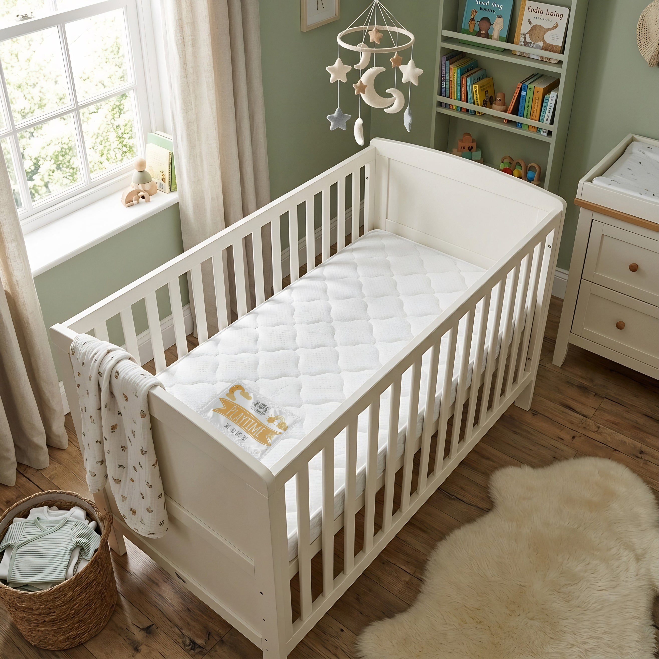 Stylemaster Foam Firm baby cot mattress in a nursery cot