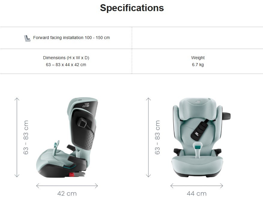 Britax KIDFIX PRO specifications — forward-facing 100–150 cm, 63–83 × 44 × 42 cm, 6.7 kg