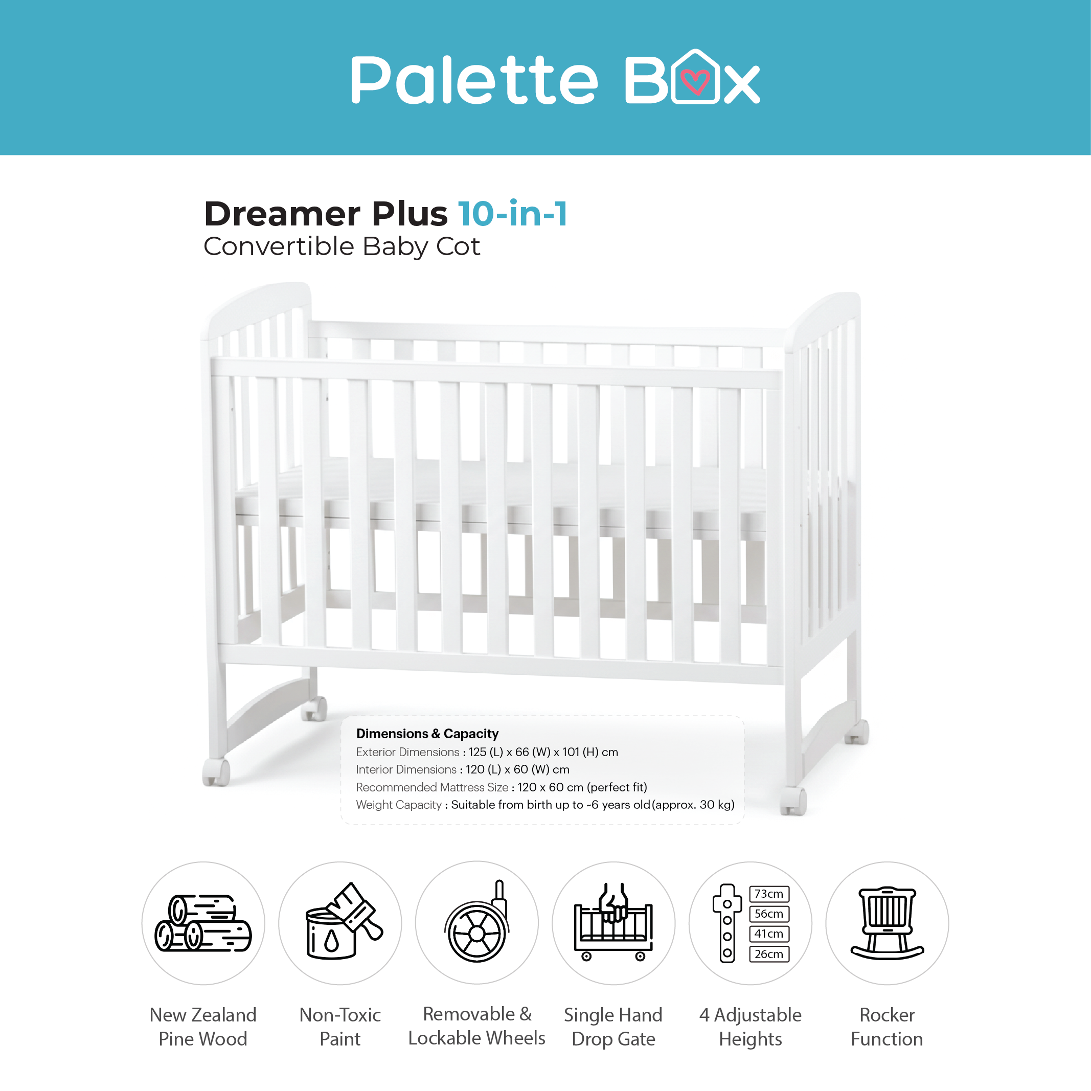 Palette Box Dreamer Plus 10-in-1 convertible baby cot with rocking function