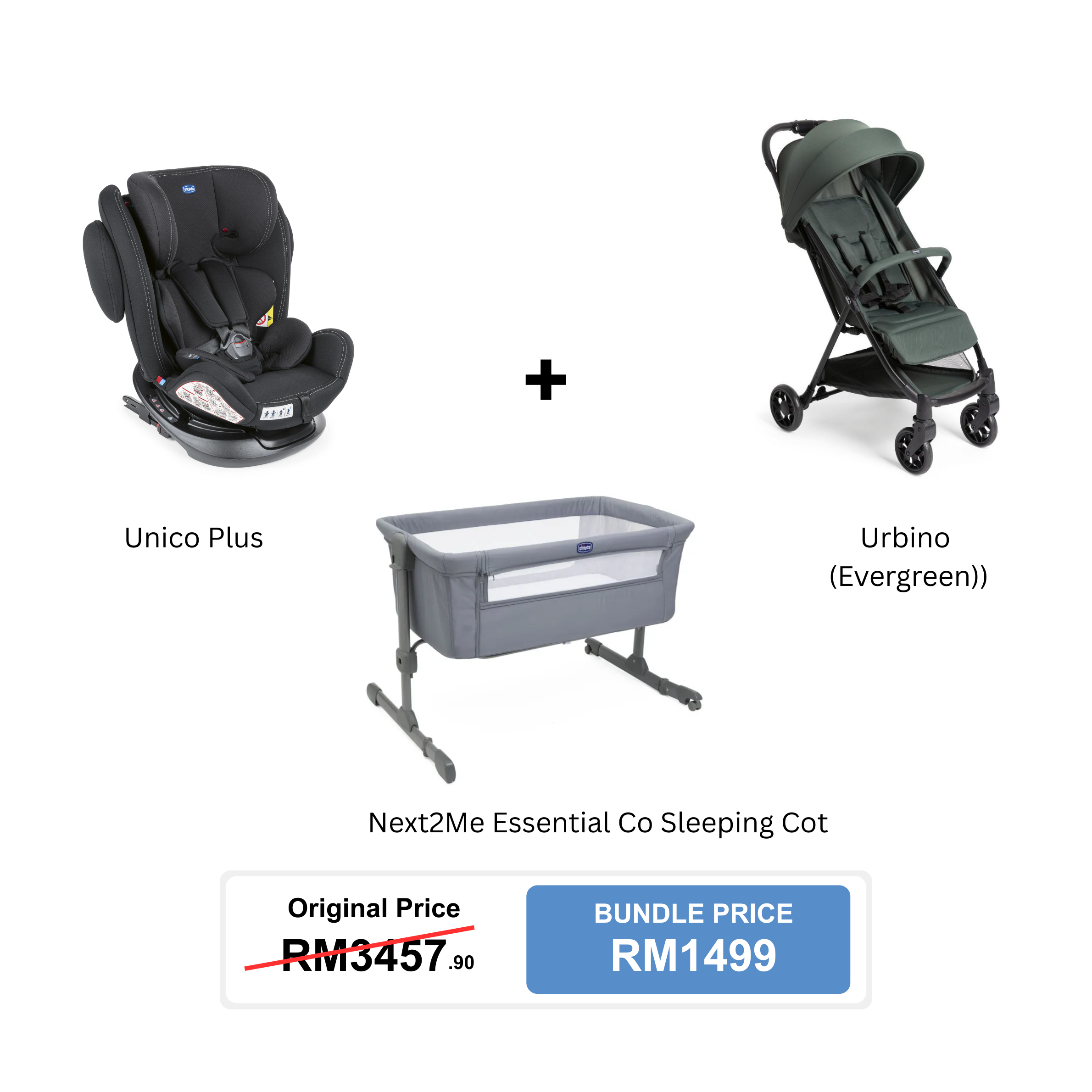 Chicco [Bundle Set] Unico Plus Car Seat + Urbino Stroller + Next2Me Essential